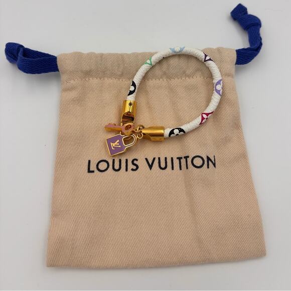 Louis Vuitton Multicolor Monogram Lock & Key Charm Bracelet White Leather Gold ✨ - Picture 5 of 5